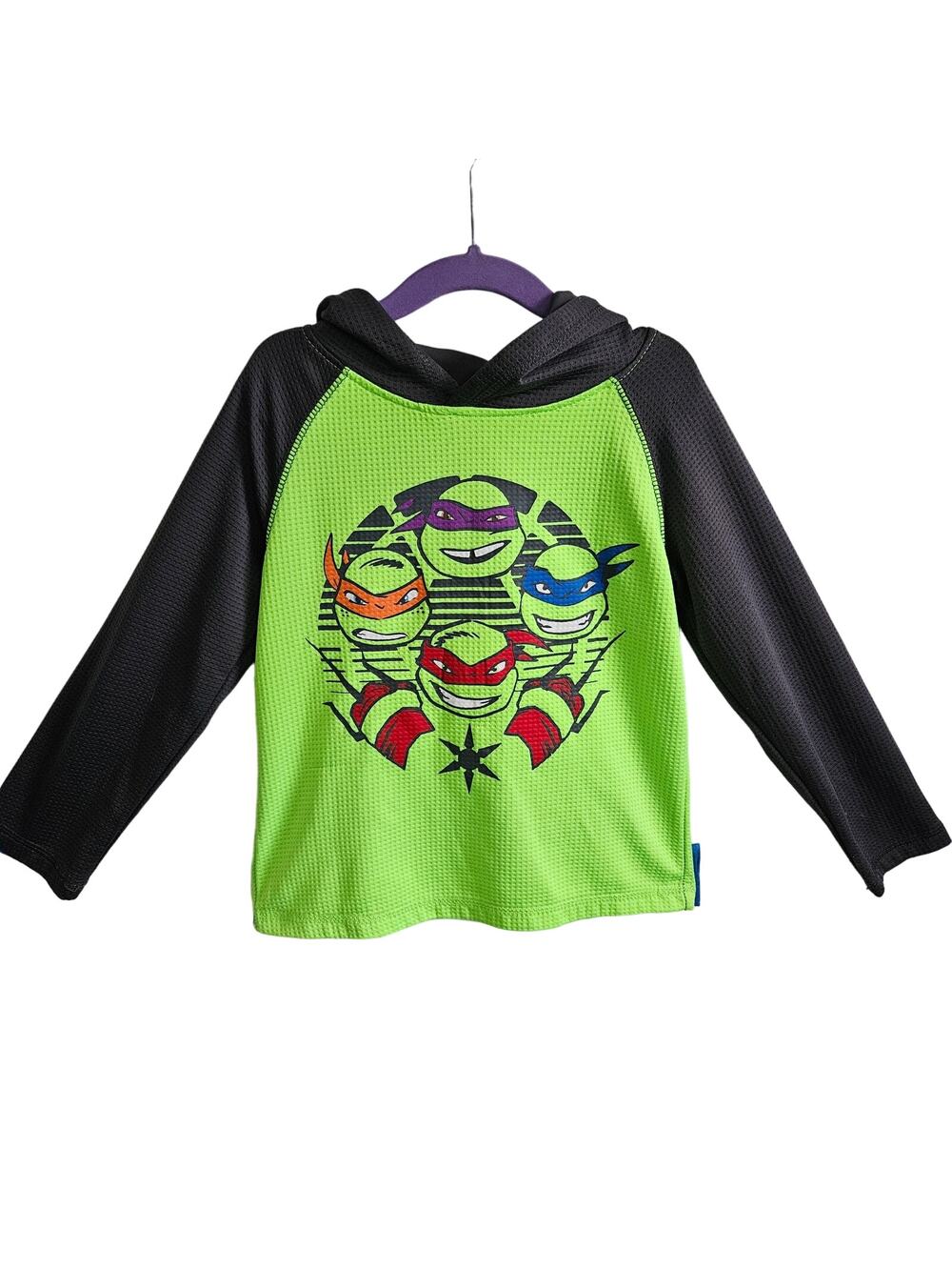 Nickelodeon Boys XS Ninja Turtles Waffle Knit Henley Shirt With Hood Neon Green